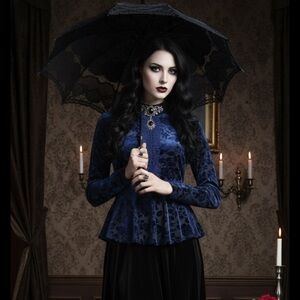 Spense Velvet Roses Burnout Mock Neck  Lace Blouse Peplum Whimsigoth Victorian M